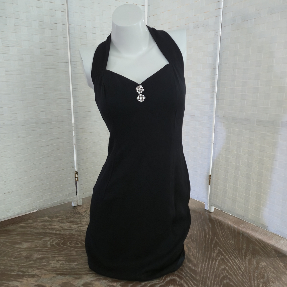 Y2K Jessica McClintock Gunne Sax Black Halter Mini Dress 5/6 Open Back LBD